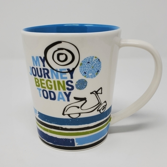 STARBUCKS COFFEE MUG BEVERAGE RETIRED MY JOURNEY BEGINS TODAY SCOOTER 2008 - Picture 1 of 8